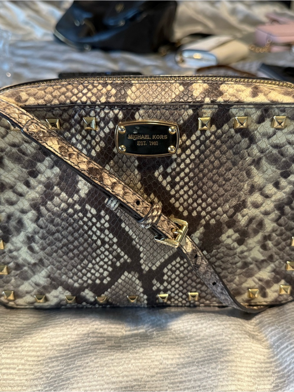 Michael Kors Brown Snake-Print Crossbody with Gold Studs